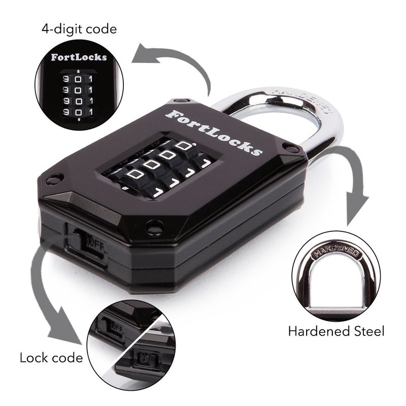 FortLocks 2 Pack Heavy Duty Waterproof Combination Lock - 4 Digit Resettable Black - Image 3